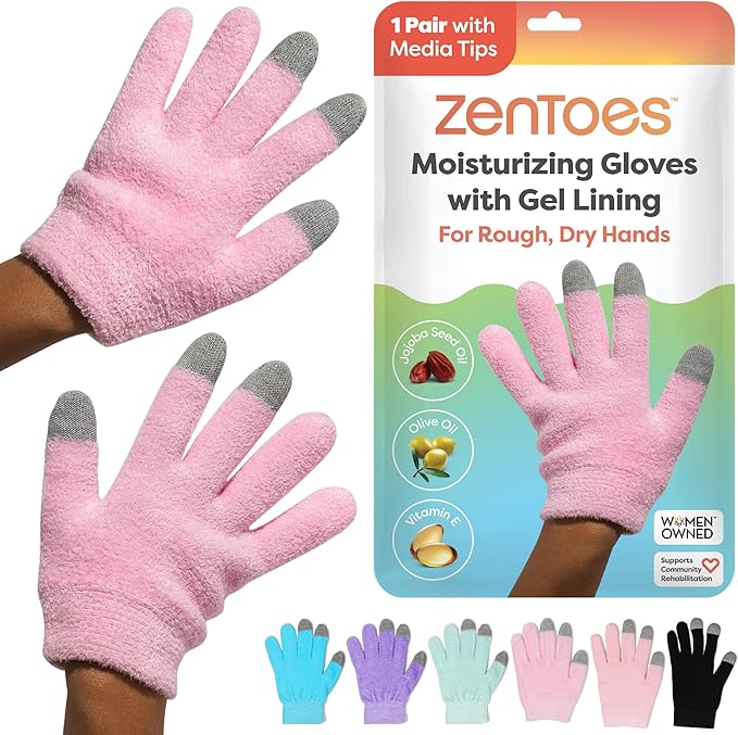 ZenToes Moisturizing Gloves for Dry Hands, Gel Infused with Jojoba Seed Oil, Olive Oil and Vitamin E, Overnight Hand Moisturizer (OSFM, Fuzzy Pink with Media Tips)