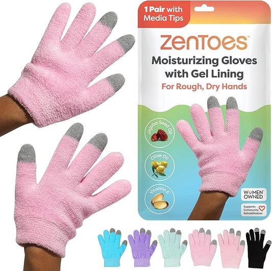 ZenToes Moisturizing Gloves for Dry Hands, Gel Infused with Jojoba Seed Oil, Olive Oil and Vitamin E, Overnight Hand Moisturizer (OSFM, Fuzzy Pink with Media Tips)