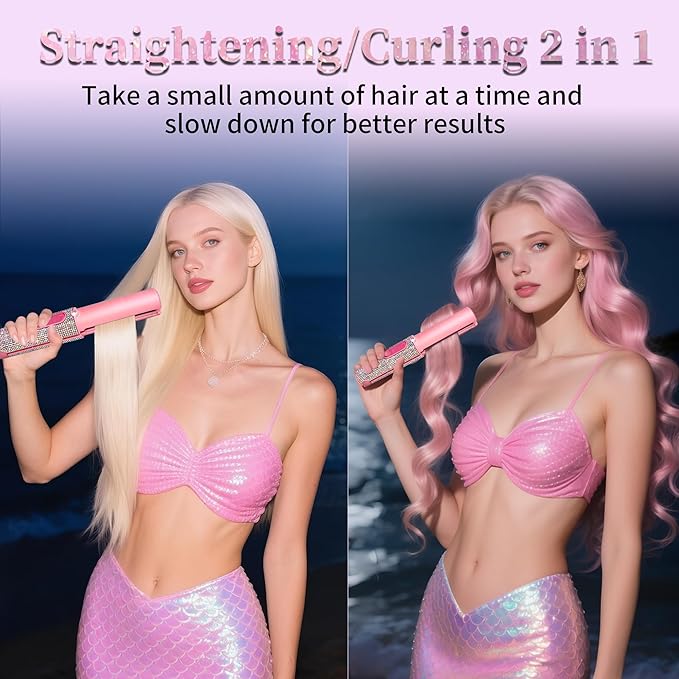 Cordless Hair Straightener, Portable Straightener 2 in 1 for Hair Straightening and Curling,5000mAh Mini Travel Hair Straightener,Fast Heating Titanium Flat Iron, 210°C/410°F Within Seconds (Mermaid)