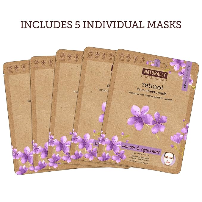 Naturally - Rejuvenating Retinol Infused Sheet Mask – Anti Aging, K-beauty Inspired, Reduce the appearance of fine lines and wrinkles, 5 Sheet Masks Included