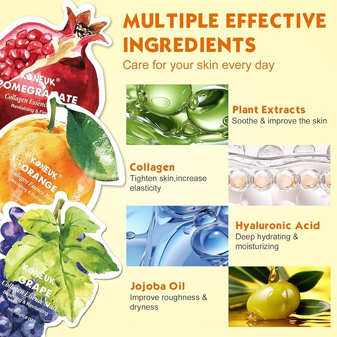 36 Pack Fruit Shaped Sheet Face Mask for Women, Collagen Hydrating and Moisturizing Face Masks Skincare for Dry Skin, Bulk Christmas Gifts, Spa Party Gifts and Stocking Stuffers(9 Types x 4 Pcs)