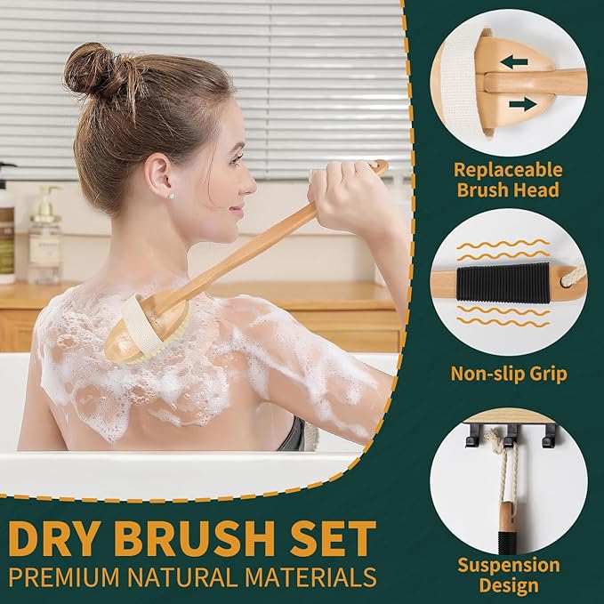 Dry Brush Set for Body & Face - Dry Brushing Body Brush with Long Handle & 3 Replacement Heads (Soft/Medium/Firm) for Lymphatic Drainage Cellulite