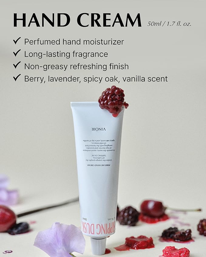 VINOIR Decanting Hand Cream SIPPING DUSK - Long Lasting Perfumed Hand Moisturizer for Rough Skin - Soft & Smooth Hands - Berry, Lavender and Spicy Scent, 1.7oz.