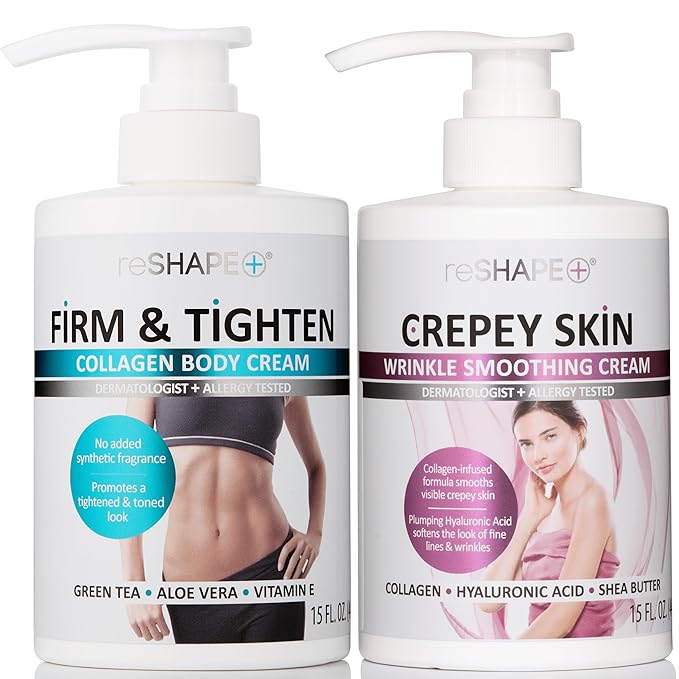 Reshape Collagen Body Cream + Crepey Skin Treatment Lotion Moisturizer Skin Care Set, Crepey Skin Cream Targets Wrinkles & Sagging Skin While Collagen Hydrates + Tightens Skin, 15 Fl Oz (Pack of 2)