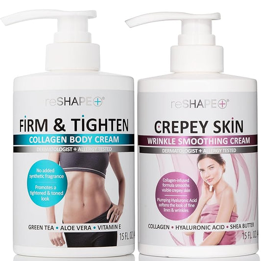 Reshape Collagen Body Cream + Crepey Skin Treatment Lotion Moisturizer Skin Care Set, Crepey Skin Cream Targets Wrinkles & Sagging Skin While Collagen Hydrates + Tightens Skin, 15 Fl Oz (Pack of 2)
