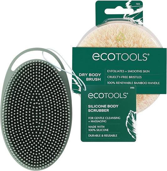 EcoTools Dry Body Brush for Circulation, Dead Skin Removal + Sage Green Silicone Body Scrubber & Massager for Exfoliating, Cleansing & Circulation, Self-Care Gifts