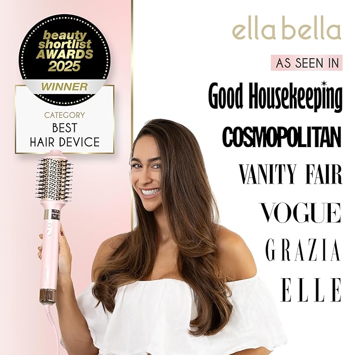 ELLA BELLA® 6-in-1 Hot Air Styler Pink & Heat Protectant Spray • Powerful Hair Dryer Set for Fast Curling, Volumizing, Straightening • Includes Travel Case • UV Shield & Nourishing Hair Care