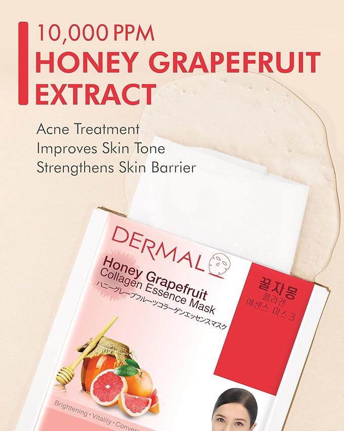 DERMAL Honey Grapefruit Collagen Essence Korean Facial Mask Sheet Pack of 10 - Rich in Vitamin C & Amino Acid - Hydrating, Evens Skin Tone & Dark Spots - Hypoallergenic Skin Friendly Sheet