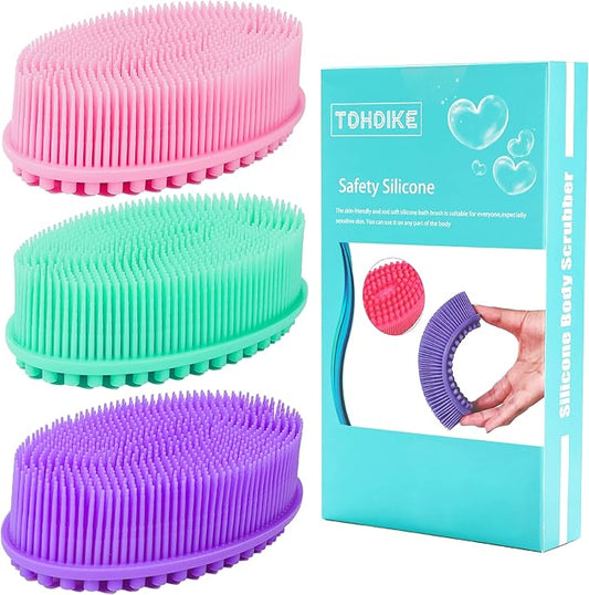 Silicone Body Scrubber Loofah - Set of 3 Soft Exfoliating Body Bath Shower Scrubber Loofah Brush for Sensitive Kids Women Men All Kinds of Skin(Purple/Green/Pink)