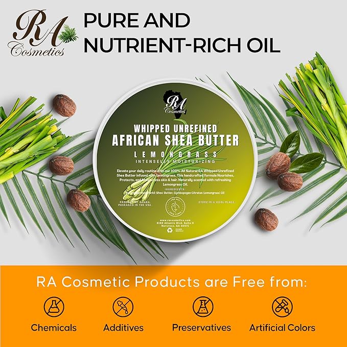 RA COSMETICS Whipped Shea Butter Lemongrass - 100% Pure and Natural African Shea Butter - Ultimate Handcrafted Moisturizer with Essential Vitamins for Radiant Skin and Luscious Hair - 6oz Jar
