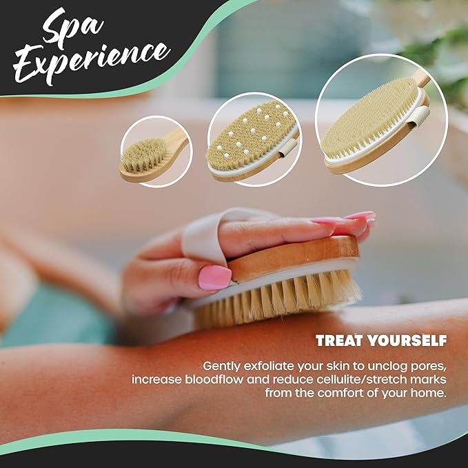 Nevlers Natural Boar Bristle Dry Brushing Set | 4-Piece Body Brush Kit for Exfoliating, Lymphatic Drainage & Circulation | Body Brush, Face Brush, Long-Handled Back Brush + Storage Bag