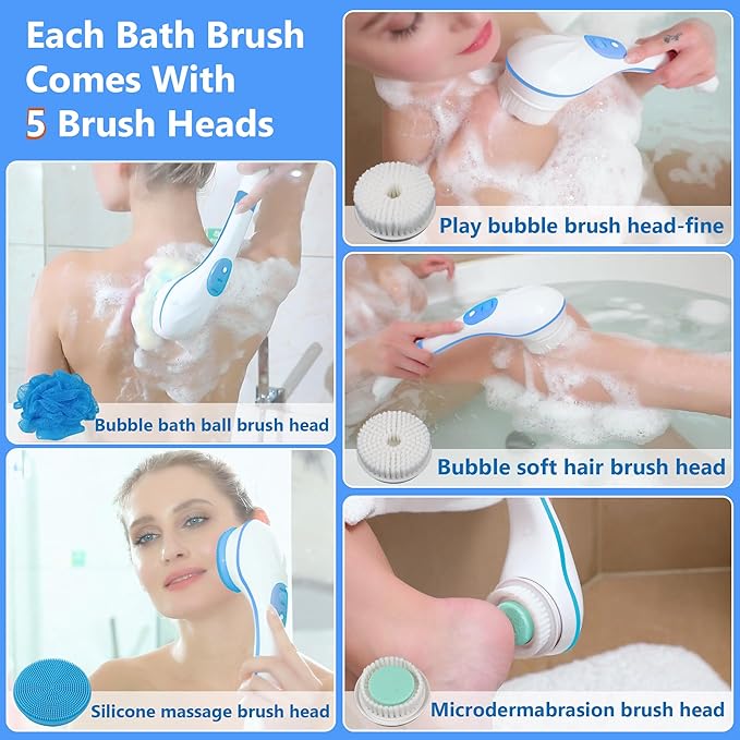 OWIIZI Electric Bath Brush Back Scrubber for Shower, Detachable Long Handle Exfoliating Face Cleansing Silicone Massager, 5 Brush Heads, 6 Speeds, Deep Clean Electronic Body Brushes for Men Women