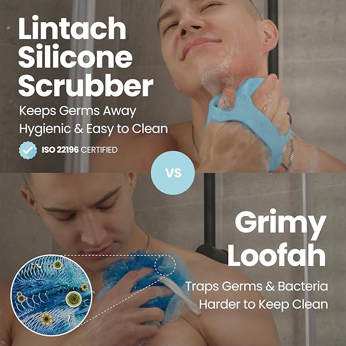 Silicone Shower Scrubber for Body – Exfoliating Loofah Alternative, Zinc & Silver-Infused, Hygienic & Gentle for Sensitive Skin, Durable & Long-Lasting Body Scrubber for Men - Sky Blue