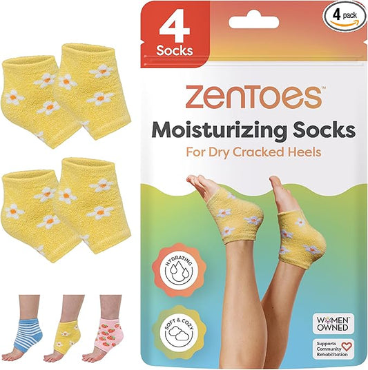 ZenToes Moisturizing Socks for Cracked Heel Treatment, Vitamin E, Olive Oil and Jojoba Oil Heel Socks, Stocking Stuffers for Women, Spa Self Care Gifts for Women (Yellow & White Daisies, Regular)