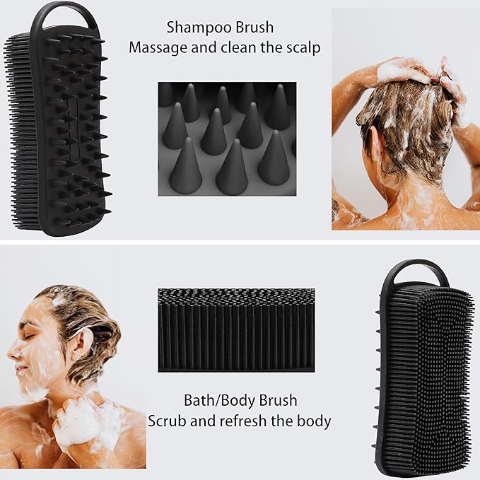2 PC Silicone Body Scrubber, 2 in 1 Exfoliating Shower Bath Scrubber, Soft Silicone Loofah for Sensitive Skin, Shower Hair Scalp Massager, Easy to Clean, Lather Well (Black&Green)