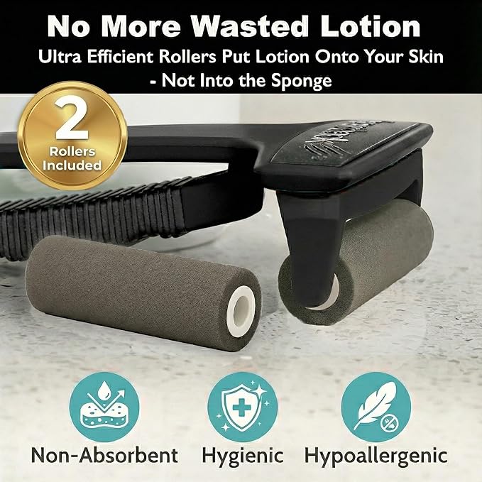 bearback Lotion Applicator for Back & Body - Long Reach Folding Handle with Reusable Foam Rollers - Apply Lotion, Medication, Ointment, Sunscreen, Self Tanner - (Black) (Handle with 2 Rollers)