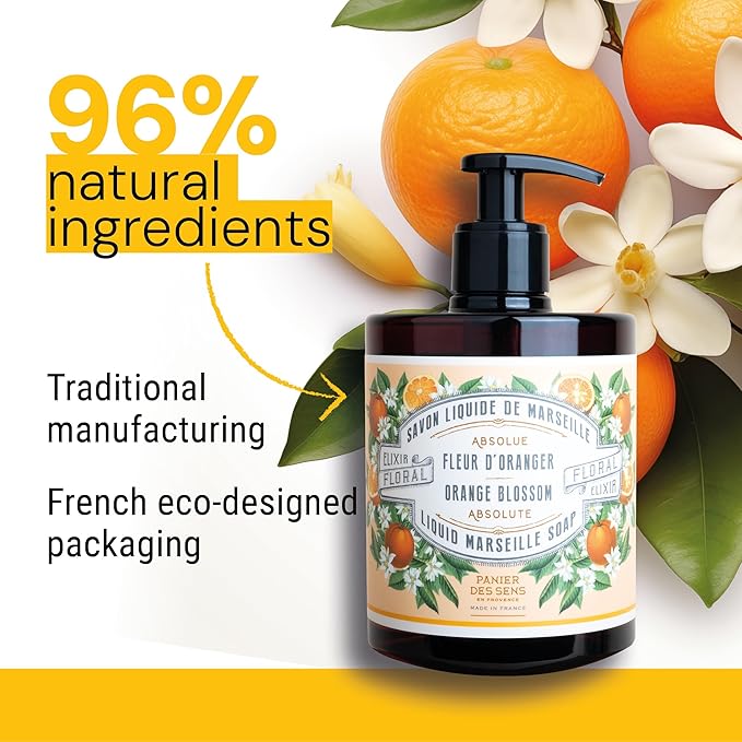 Panier des Sens - Moisturizing Hand Soap - Orange Blossom Gourmand Fragrance - French Traditional Savon de Marseille Soap - Refillable Kitchen & Bathroom Soap - 16.9 Fl.oz Liquid Hand Wash 96% Natural