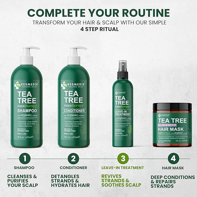 Pure Tea Tree Oil Leave In Conditioner Detangler Spray, Frizz Control, Intensive Dry & Itchy Scalp Treatment, Anti Dandruff & Scalp Psoriasis Relief, Men & Women, Paraben & Sulfate Free
