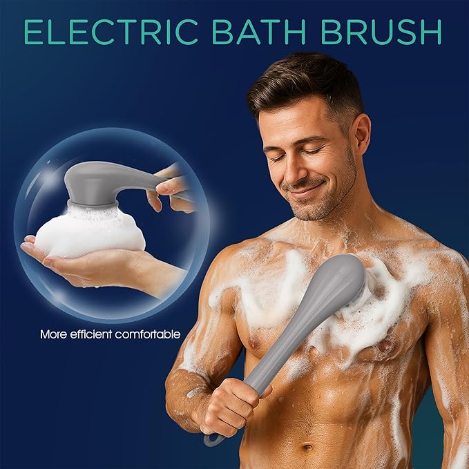 VOYOR Electric Body Brush Back Scrubber Silicone Body Scrubber Two-Way Rotating Brush Head for Deep Cleaning, Exfoliation, 4 Attachments Long Handle IPX6 Rechargeable Shower Brush BC300 (Grey)