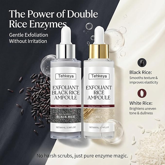 Black and White Rice Exfoliation Essence & Rice Peel Shot, 2 PCS White & Black Rice Facial Serum for Dead Skin Removal, Deep Cleansing & Pore Minimizing, Suitable for All Skin Types