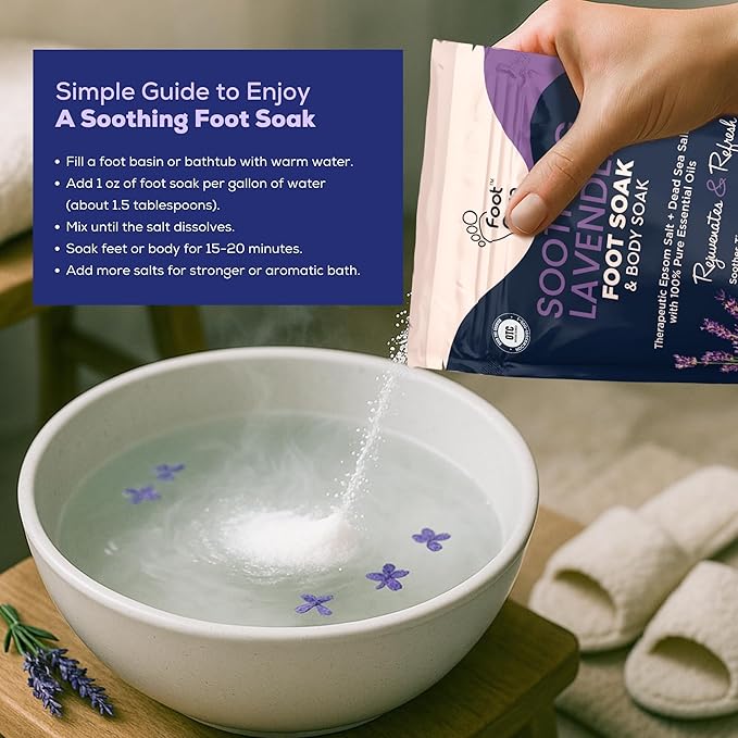 FOOT CURE Soothing Lavender Foot Soak - Pedicure Foot Spa with Epson Salts for Soaking Feet - Foot Massager Spa - Foot Scrubber Dead Skin Remover - Epsom Salt Bath Soak (Pack of 2)