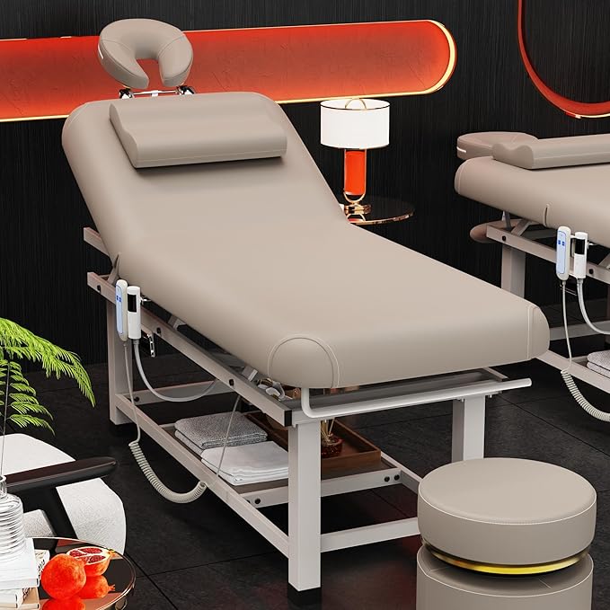 pouseayar Heavy Duty Electric Stationary Massage Table with Heating Function, Backrest Adjustable and Storage Space for Treatment/Medical Spa/Facial/Beauty/Massage Bed - 30 x 75 - Beige Gray