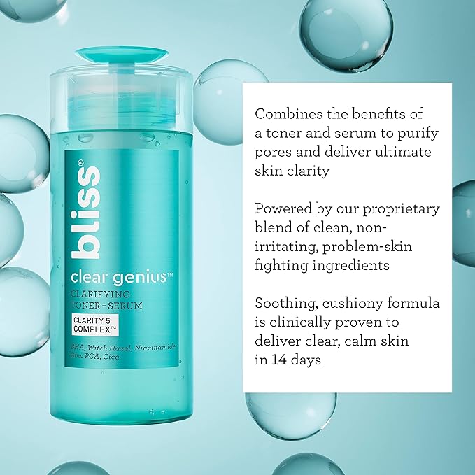 Bliss Clear Genius Clarifying Toner + Serum - 4.3 Fl Oz - Purifies Pores, Tones, Calms & Clears Skin - Salicylic Acid, Niacinamide & Witch Hazel - Clean Paraben Free - Vegan & Cruelty-Free