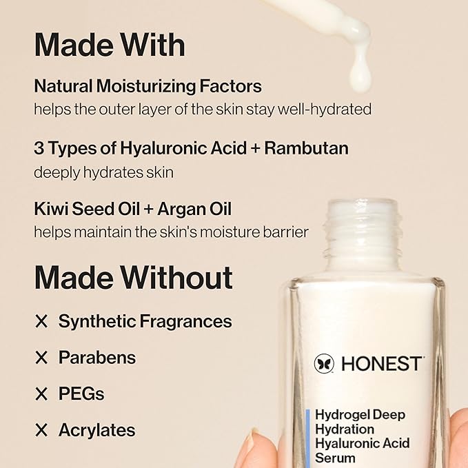 Honest Beauty Hydrogel Deep Hydration Hyaluronic Acid Serum | Moisturizes + Plumps | Hypoallergenic, Fragrance Free, Vegan, Gentle for Sensitive Skin | 1 fl oz