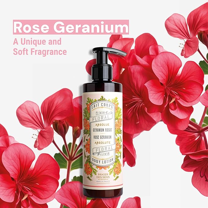 Panier des Sens –Geranium Hand & Body Lotion for Dry Skin - Hydrating Body Cream for Women - Nourishing Fluid Body Moisturizer Shea Butter & Olive Oil - 97% Natural Ingredients Body Care - 8.45 Floz