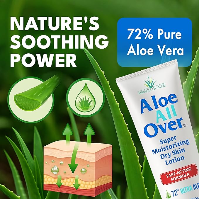 Miracle of Aloe Aloe All Over Super Moisturizing Dry Skin Lotion 8 oz - Made with 72% UltraAloe Aloe Vera Gel. Safe for Everyone: Men, Women, Children, Kids. Restores Dry Skin Fast
