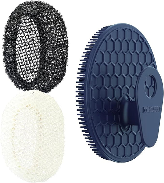 INNERNEED 2 Pieces African Net Sponge Exfoliating Shower Mesh Bath Washcloth Case, with 1 Silicone Body Scrubber Brush (Darkblue)