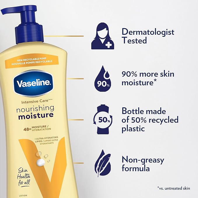 Vaseline Intensive Care Nourishing Moisture Body Lotion 3 Pk Made with Ultra-Hydrating Lipids + Pure Oat Extract for Dry Skin, for Nourished, Healthy-Looking Skin 20.3 oz