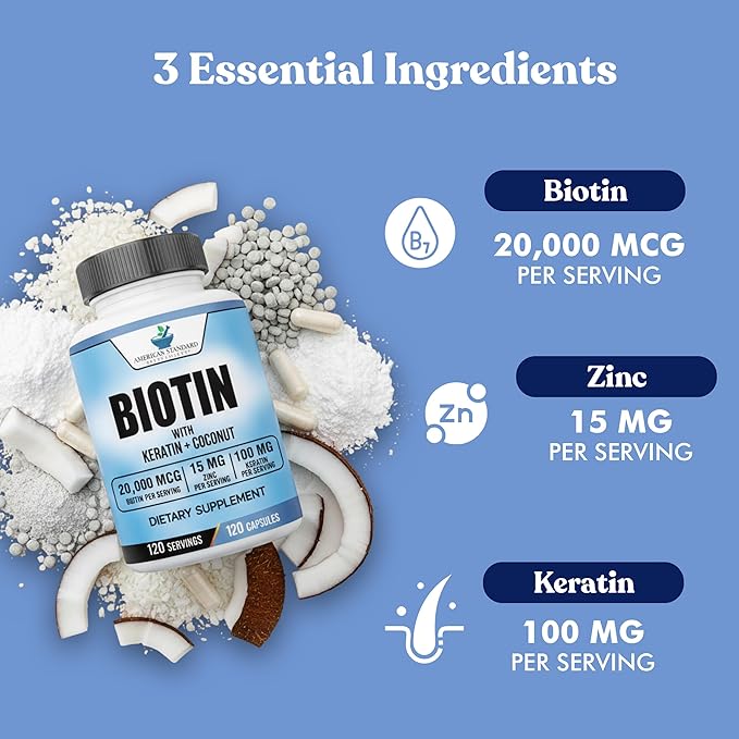 American Standard Supplements Biotin 20,000mcg with Keratin, Coconut Powder and Zinc, Biotin Supplement for Women and Men,120 Veggie Capsules, 120 Day Supply