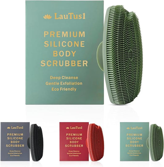 Silicone Body Scrubber - Gentle Exfoliating Shower Brush with Suction Handle & Hook, Soft Loofah Alternative for Men, Women, All Skin Types - Sage Green