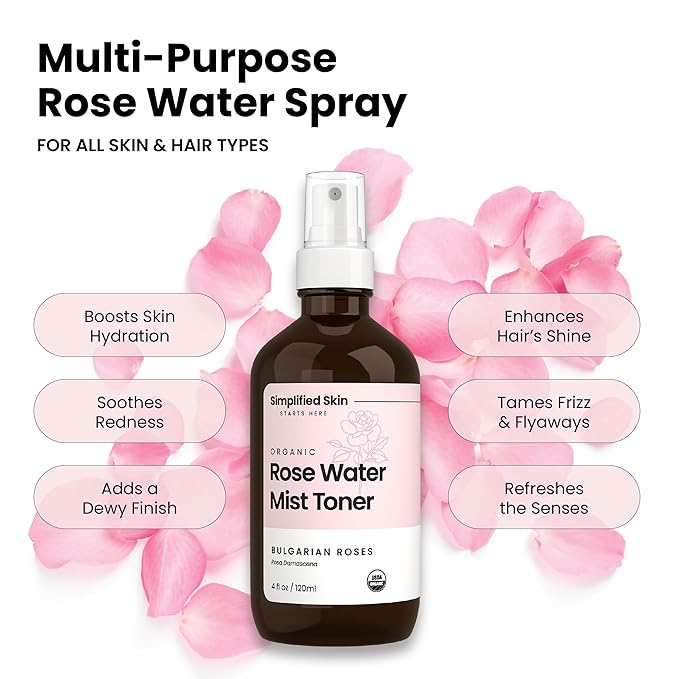 Rose Water Spray for Face & Hair – Pure USDA Organic Rosewater Toner – Refreshing Mist for Skin Care, Makeup & Locs – Natural Rose Scent, 4 Oz (3 Pack)