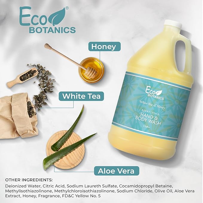 Terra Pure 1-Shoppe Eco Botanics Natural Hand and Body Wash with Raw Honey & White Tea | Gallon Jug Bulk Toiletries for Airbnb, Vacation Rentals, and Home Bathroom | Refill For Soap Dispensers