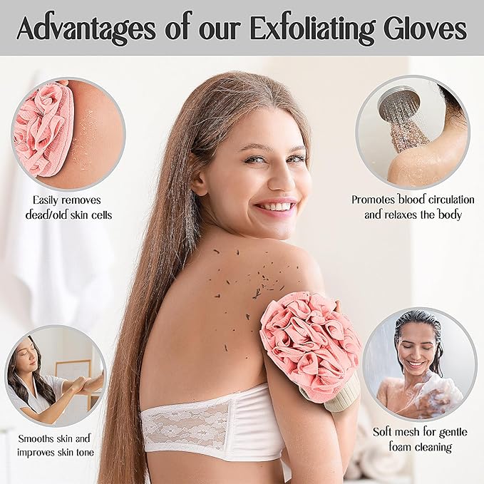 Deep Exfoliating Mitts (2pcs) Double-Sided Gloves for Shower, Body Massage Scrub & Bath Loofah Sponge，Skin Exfoliator, Dead Skin Remover (Pink & Blue)
