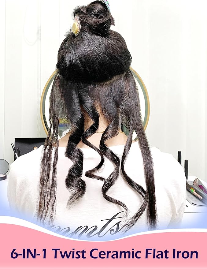 ANGENIL Pro Twist Flat Iron Hair Straightener, 2 in 1 Straightener and Curling Iron for Women, Round Pink Dual Voltage Hair Straightener with Silicone Heat Resistant Mat, 30s Fast Heating, LCD Display