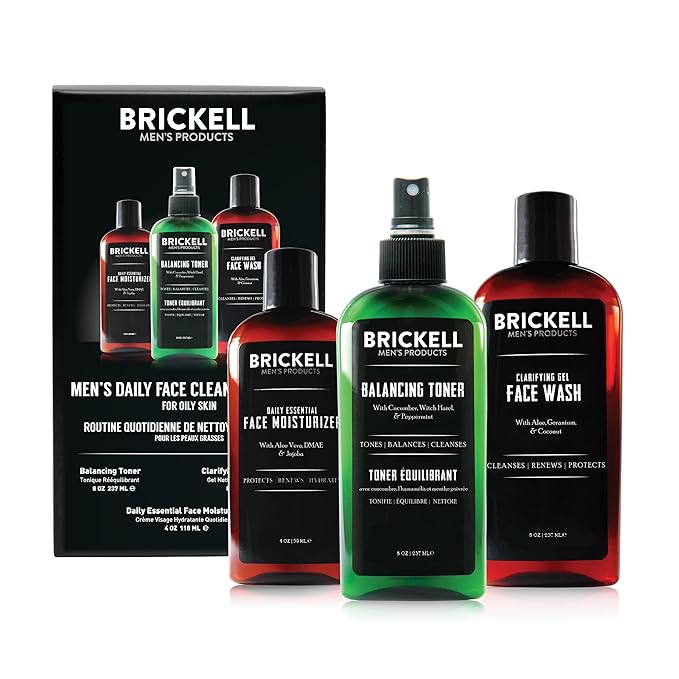 Brickell Men's Daily Face Cleanse Routine for Oily Skin, Alcohol Free Toner, Gel Facial Wash and Moisturizer, Natural and Organic, Scented