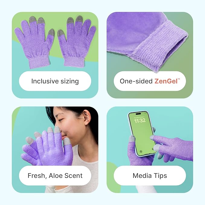 ZenToes Moisturizing Gloves for Dry Hands, Gel Infused with Jojoba Seed Oil, Olive Oil and Vitamin E, Overnight Hand Moisturizer (OSFM, Fuzzy Lilac with Media Tips)