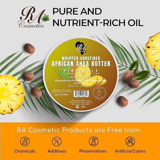 RA COSMETICS Whipped Shea Butter Pineapple - 12oz | 100% Pure & Natural African Shea Butter for Men & Women - Ultimate Handcrafted Moisturizer with Essential Vitamins for Radiant Skin & Luscious Hair