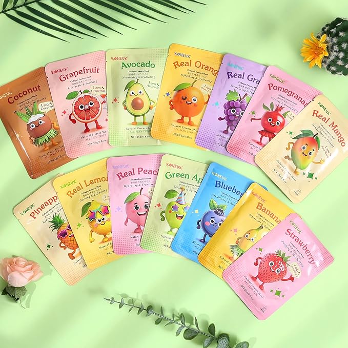 56 Pack Fruit Collagen Face Masks Skincare for Teens Girls, Sheet Face Mask Skin Care for Kids, Bulk Hydrating Facial Masks for Women, Face Mask Set for All Skin Types, Birthday Party Spa Gifts