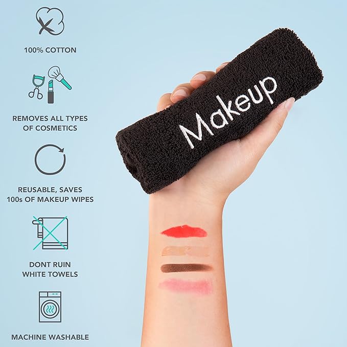 Arkwright Makeup Towels - Bulk Case of 144 - Soft & Gentle Cotton Washcloth Face Make Up Remover, Reusuable Eraser Cloth Essentials for Hosts & Artists, 13 x 13 in, Black