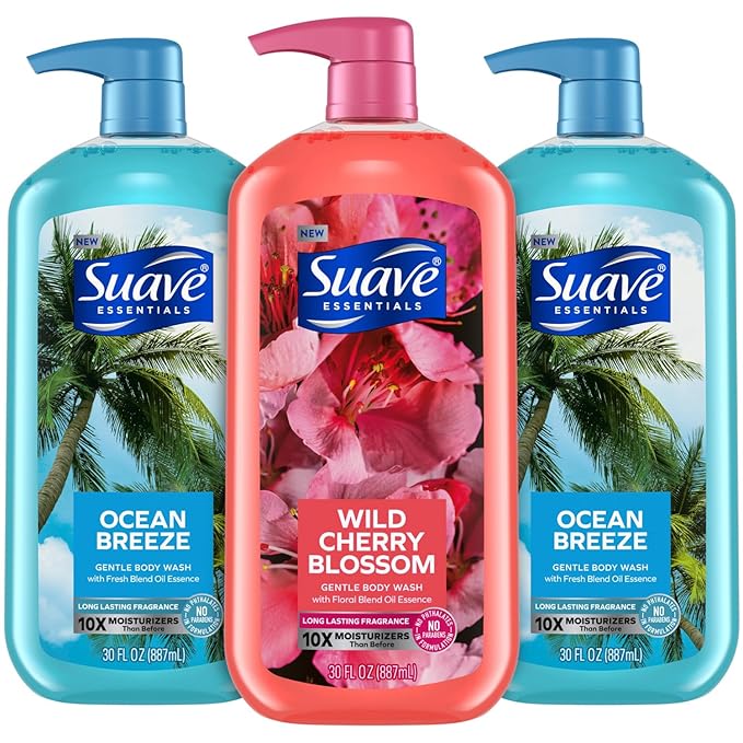 Suave Body Wash Variety Bundle – Ocean Breeze 2-Pack & Wild Cherry Blossom, Gentle & Moisturizing Body Washes with Vitamin E, 30 Oz Ea (3 Piece Set)