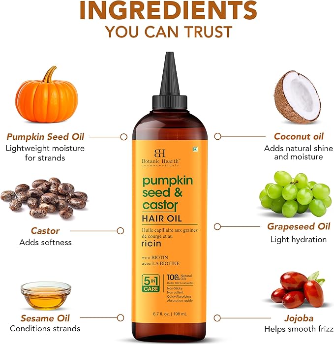 Botanic Hearth 100% Pure Pumpkin Castor Oil for Hair Growth | Infused with Pumpkin, Castor, Biotin | Hair Oil Repairs Dry Damaged Hair, Strengthening, Healthier - Hair Tonic, 6.7 fl oz