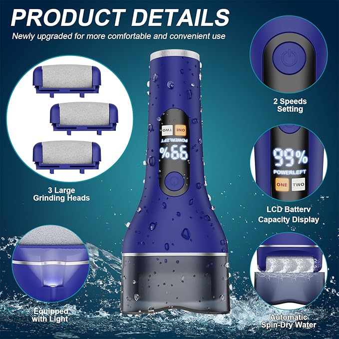 Electric Callus Remover for Feet Rechargeable Portable Electronic Foot File Pedicure Tools 16 in 1 Foot Callus Remover Kit Foot Scrubber to Remove Dead Skin (Blue)