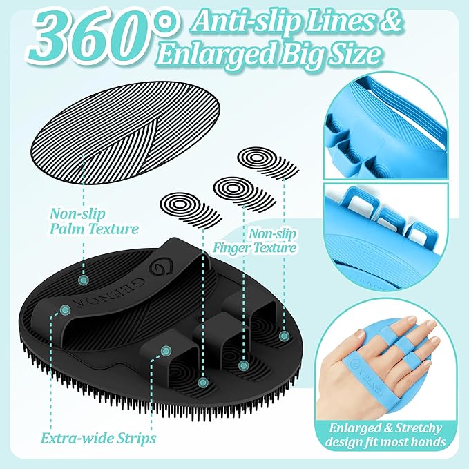 Soft Silicone Bath Gloves 2PCS, 360° Anti-slip & Enlarged Silicone Body Scrubber for Rich Foaming Deep Cleaning, Revolutionary No-grip & Hand-fit Shower Scrubber for All Skin Types.(Black+Blue)
