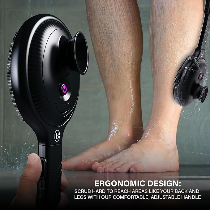 Bella Ciao Electric Back Scrubber for Shower & Face – Vibrating Silicone Body Brush, Exfoliating Loofah Cleaner with Extendable Handle, USB-C Rechargeable, IPX7 Waterproof Men’s Bath Massager (Black)