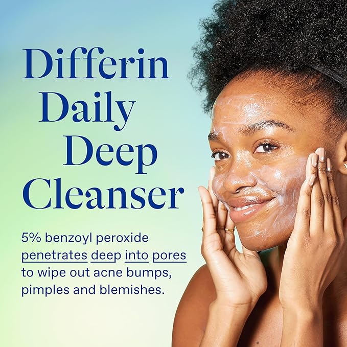 Differin Acne Face Wash with 5% Benzoyl Peroxide, Daily Deep Cleanser by the makers of Differin Gel, Gentle Skin Care for Acne Prone Sensitive Skin, 4 oz (Packaging May Vary)