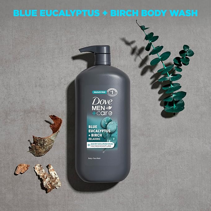 Dove Men+Care Relaxing Blue Eucalyptus + Birch Body and Face Wash with 24-Hour Nourishing Micromoisture Technology Body Wash for Men 30 oz
